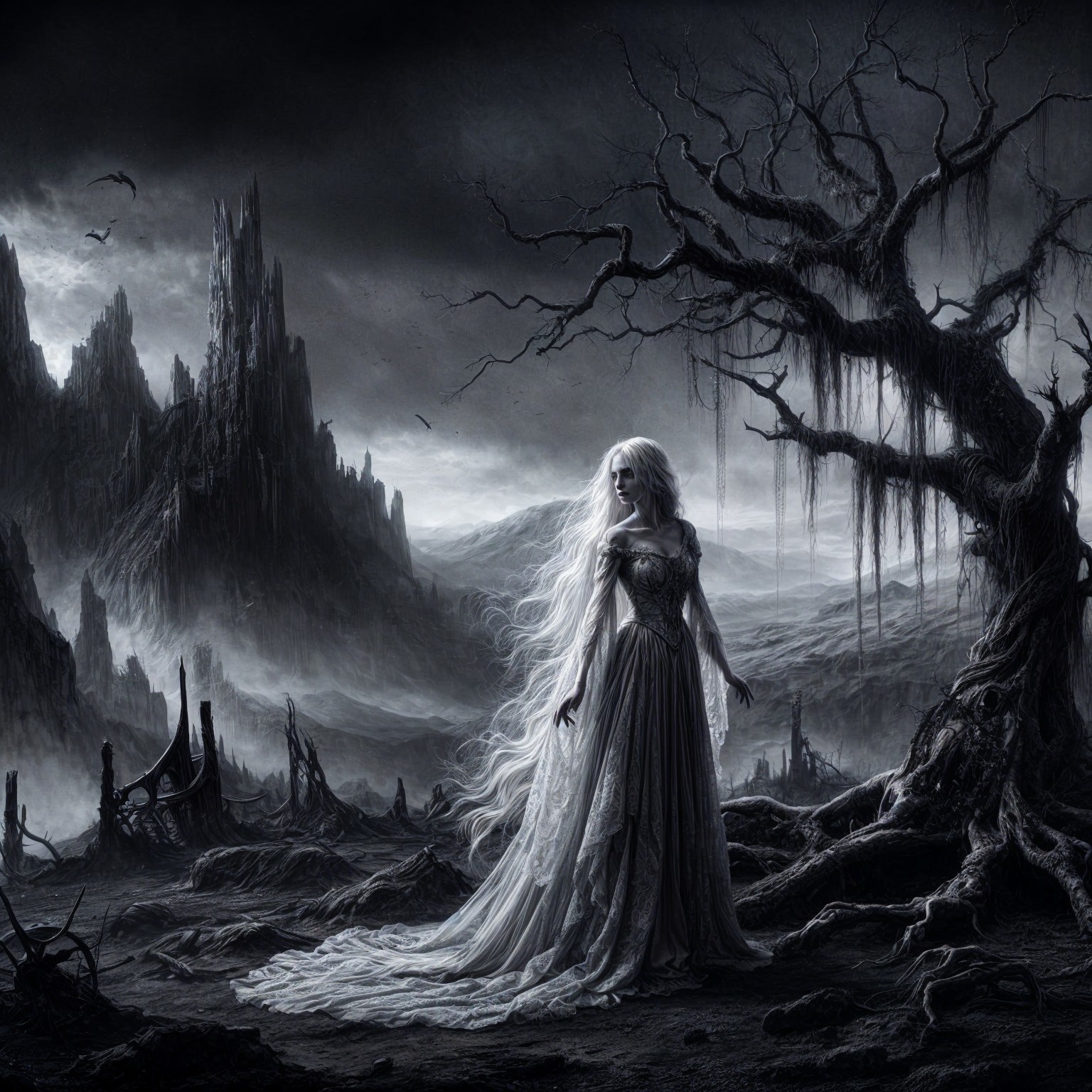 Monochromatic Landscape with Eerie Figure and Trees