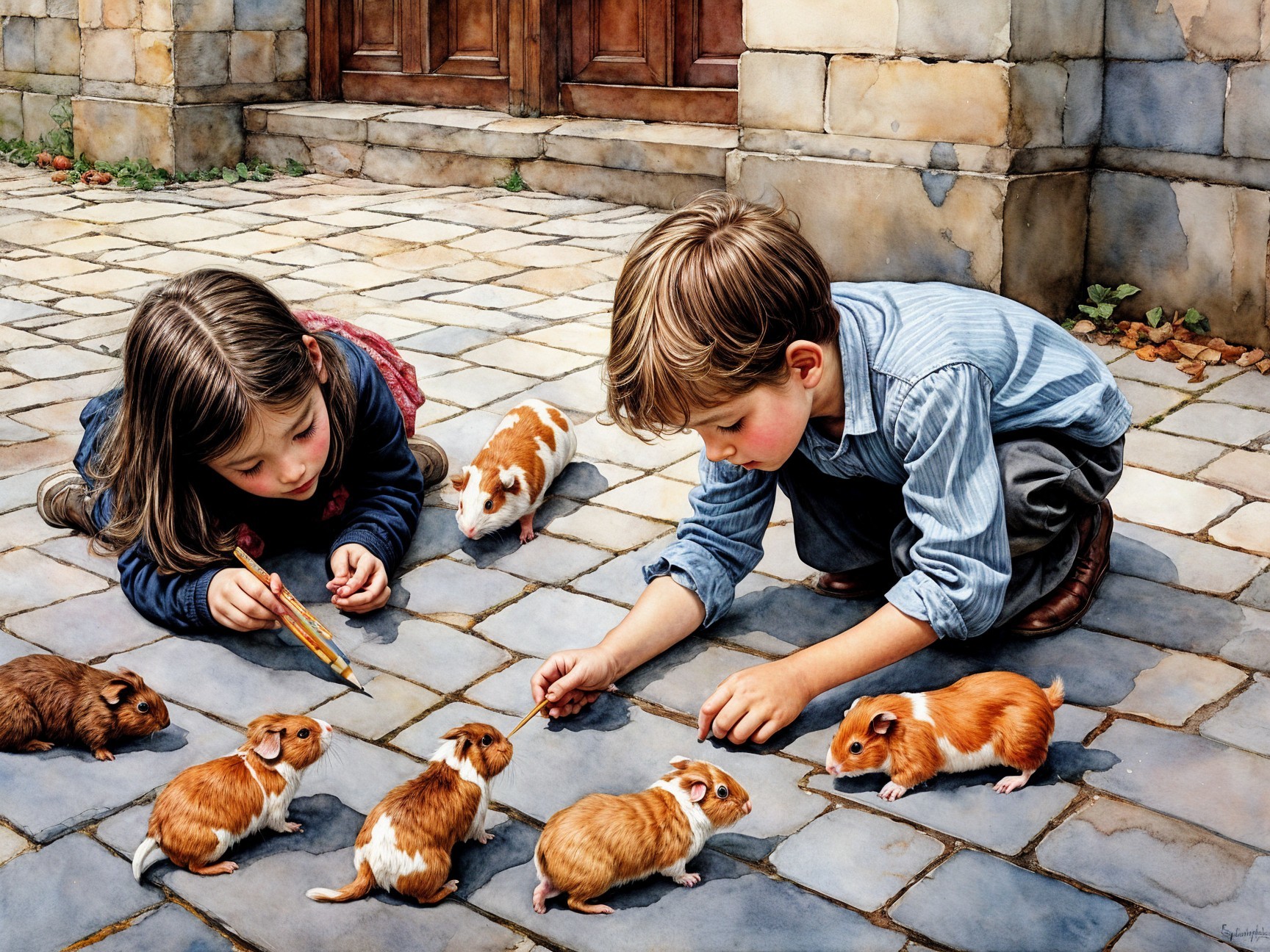 Children Playing with Guinea Pigs on a Stone Pathway