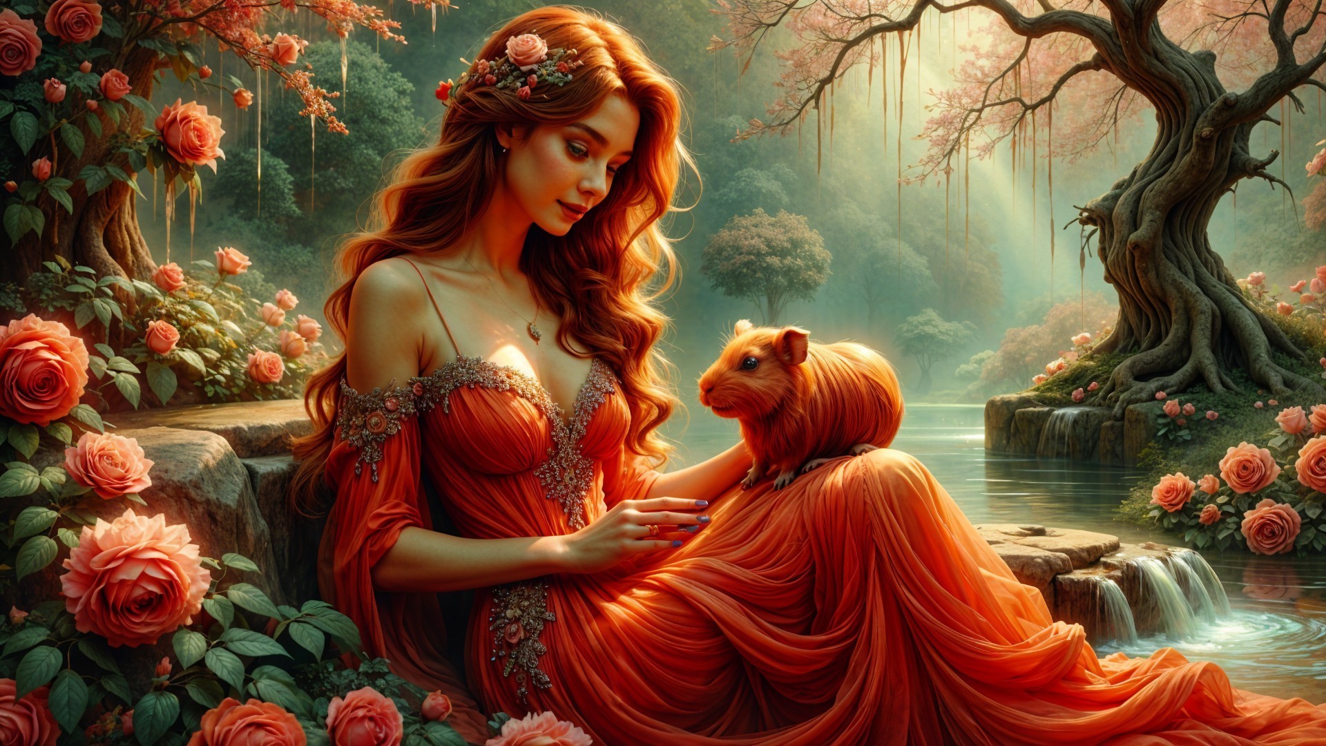 Woman in orange dress by tranquil lake with roses