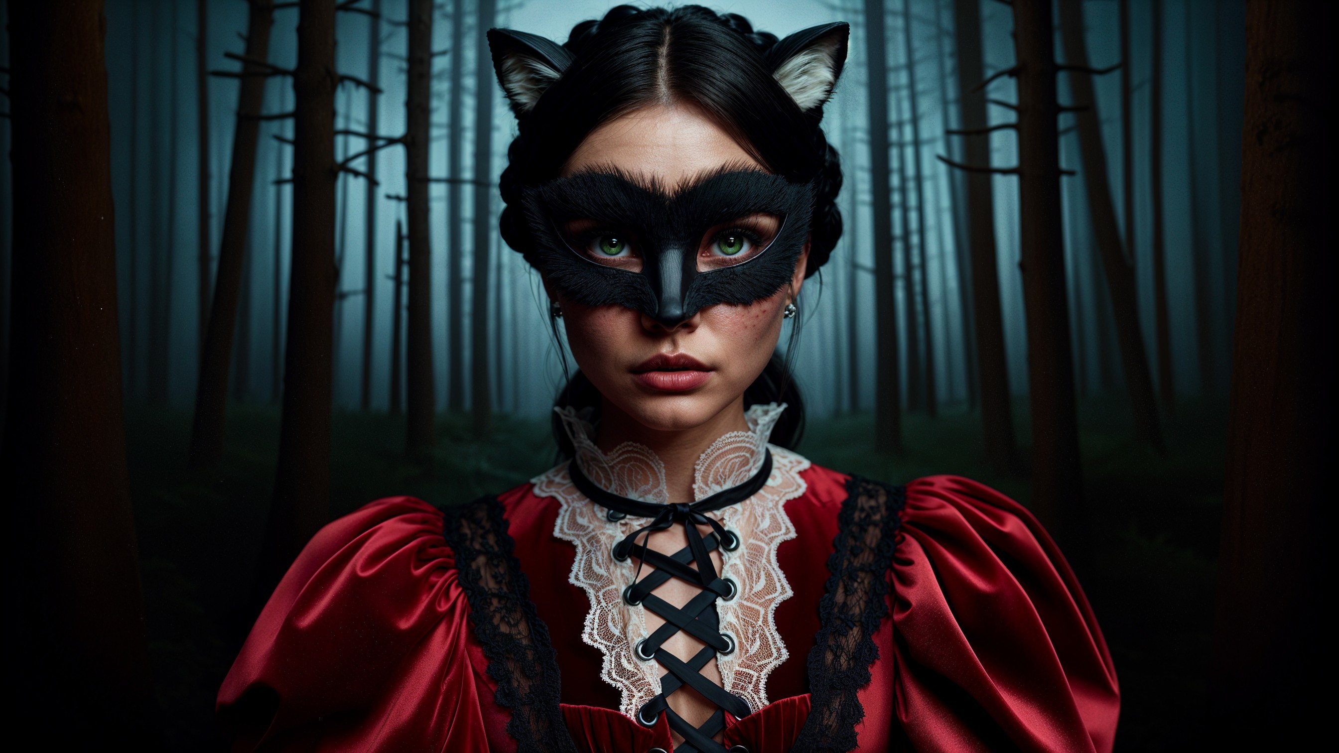 Mysterious Figure in Foggy Forest with Wolf Mask