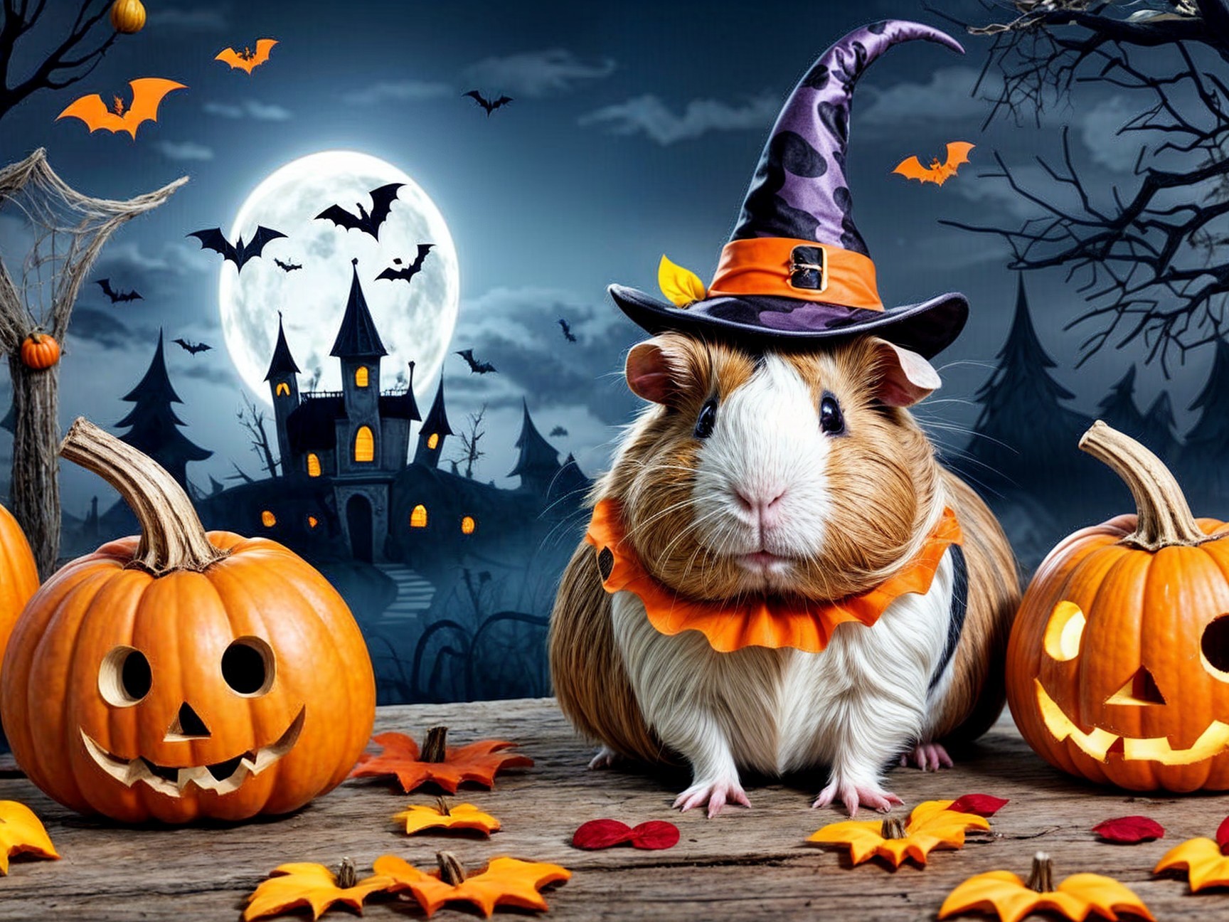 Guinea Pig in Witch Hat Among Halloween Decor