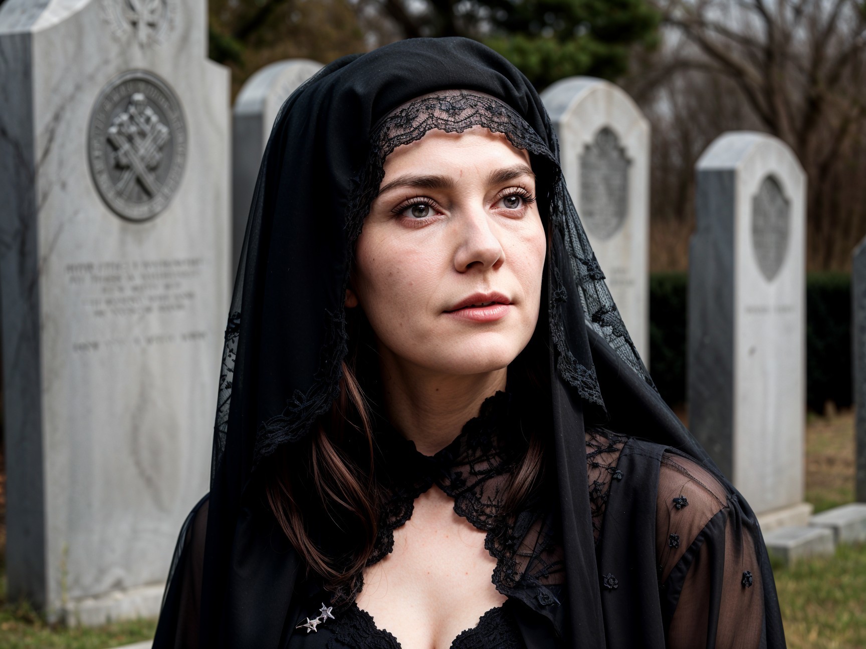 Solemn Woman in Graveyard with Black Veil and Lace Attire