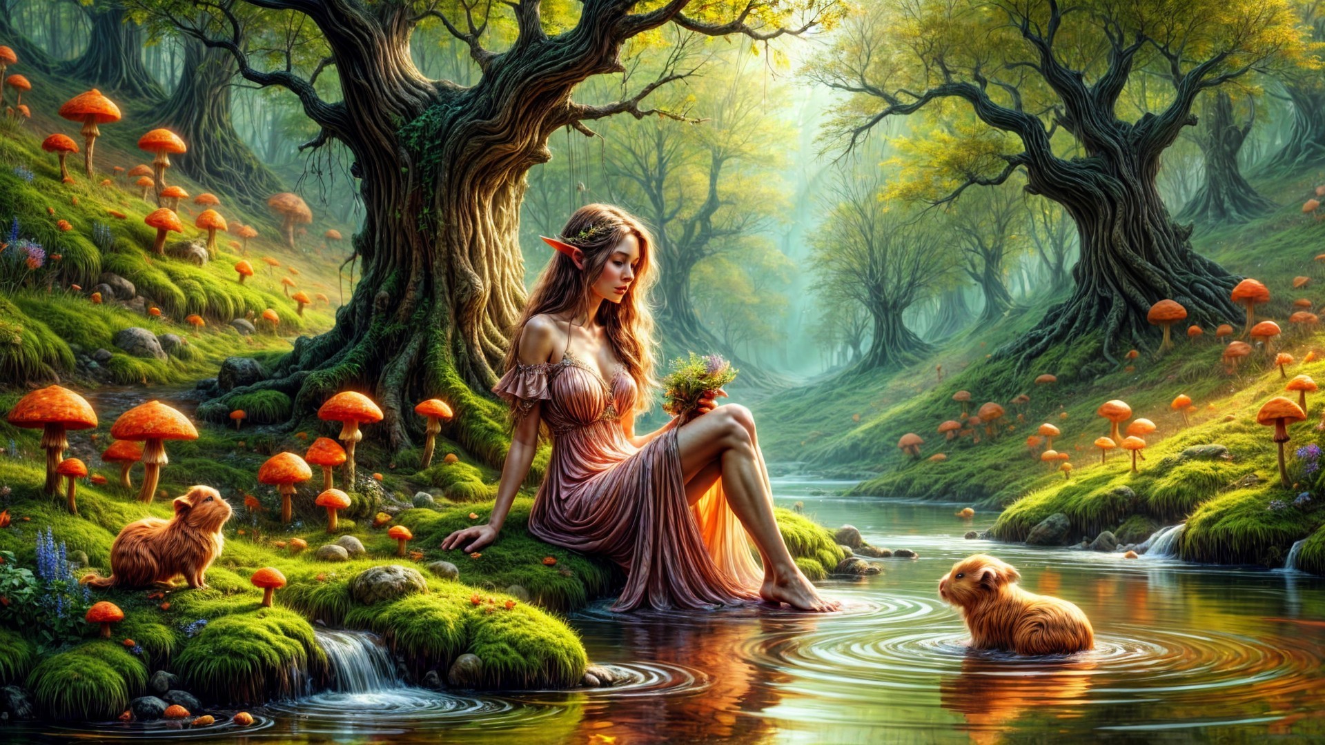 Elf by a Stream in a Magical Forest Setting