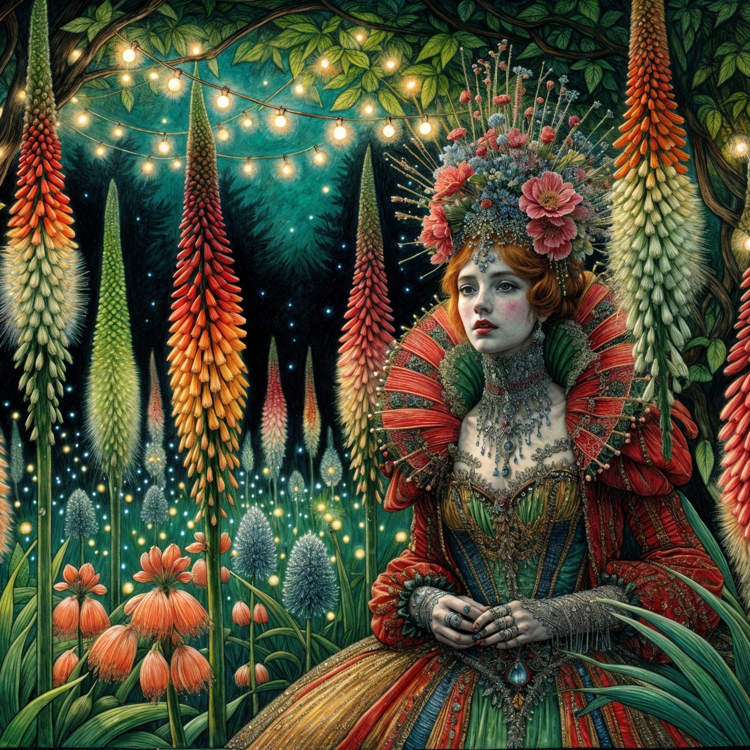 Regal Figure in Enchanted Garden with Vibrant Gown