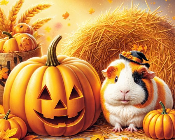 Guinea Pig in Hat Surrounded by Pumpkins and Leaves