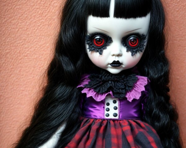 Gothic Doll with Black Hair and Red Eyes in Purple Dress