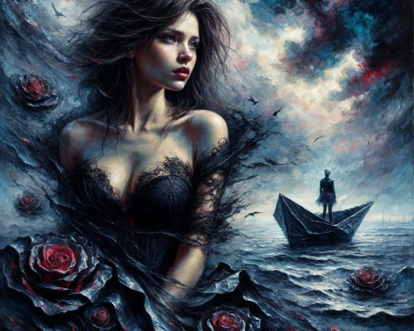 Fantasy Artwork of Woman in Lace Dress with Roses
