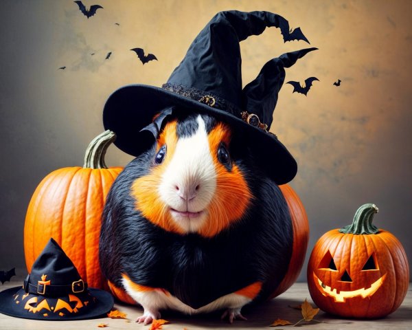 Guinea Pig in Witch Hat Among Halloween Pumpkins