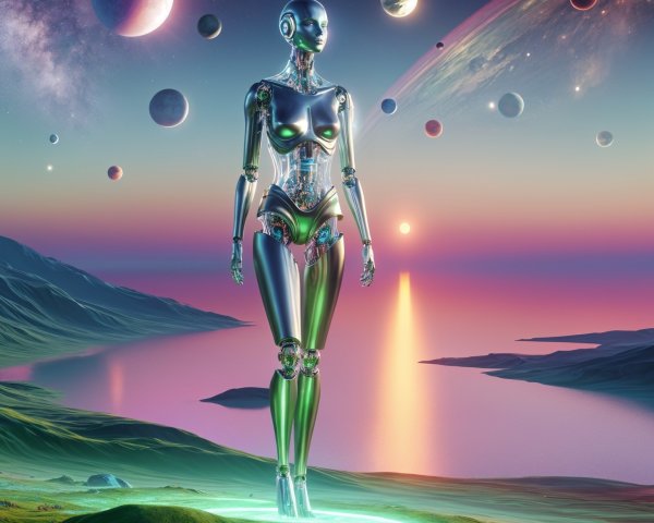 Humanoid Robot in Cosmic Landscape at Sunset