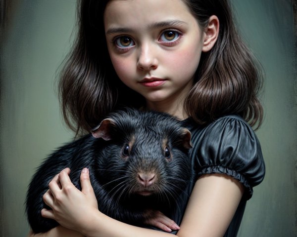 Young girl in black dress holding a guinea pig