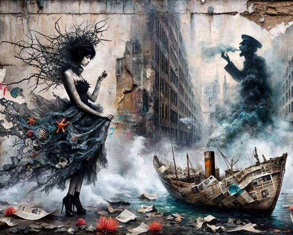 Surreal Urban Landscape with Mystical Elements and Figures