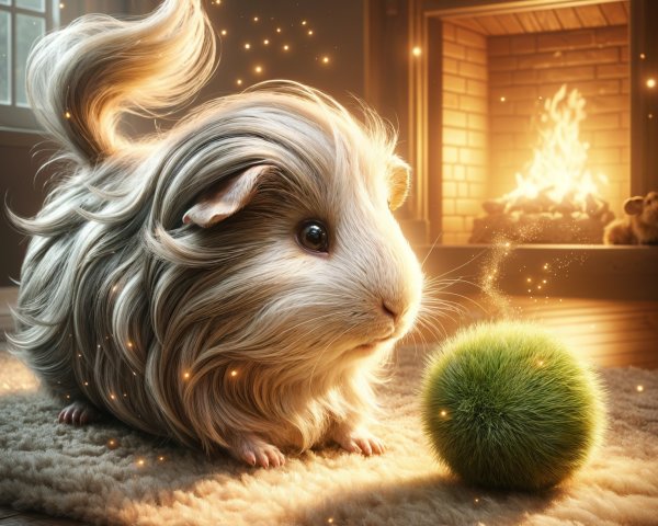 Fluffy Guinea Pig on Rug with Fireplace and Fur Ball