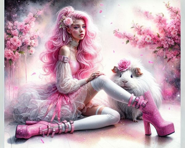 Whimsical Scene of Woman in Cherry Blossom Setting