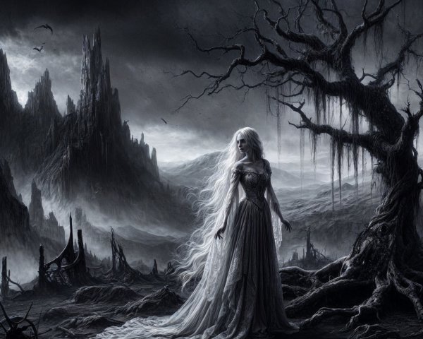 Monochromatic Landscape with Eerie Figure and Trees