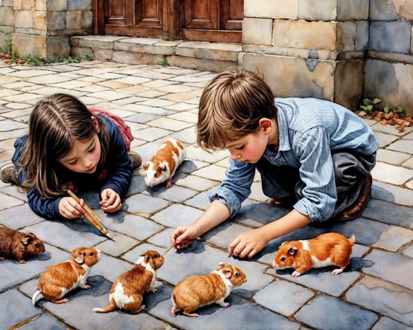 Children Playing with Guinea Pigs on a Stone Pathway
