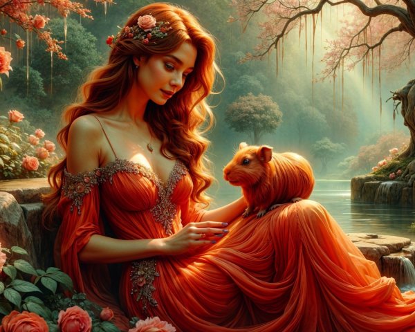 Woman in orange dress by tranquil lake with roses