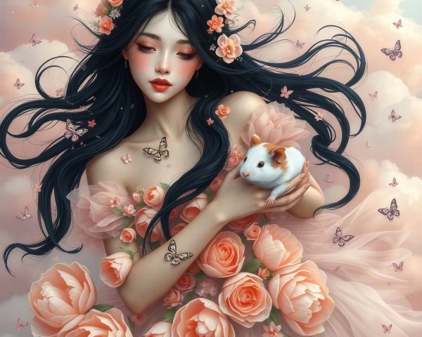 Goddess-like woman with guinea pig in a dreamy setting