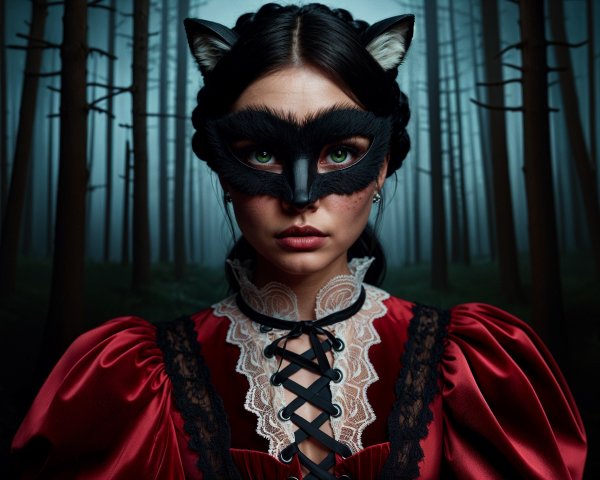 Mysterious Figure in Foggy Forest with Wolf Mask