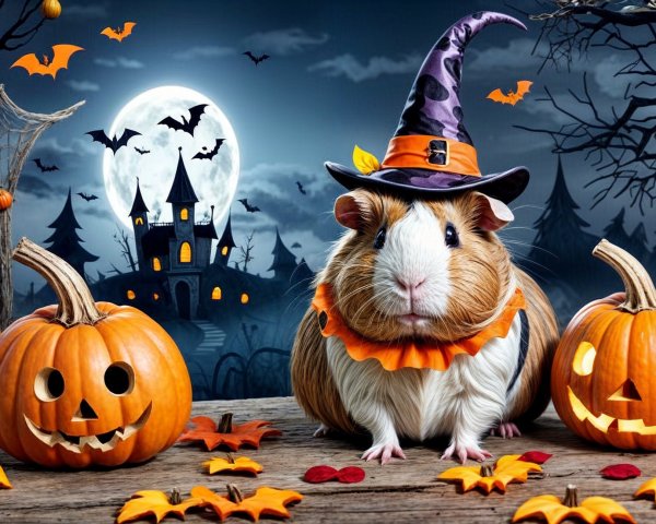 Guinea Pig in Witch Hat Among Halloween Decor
