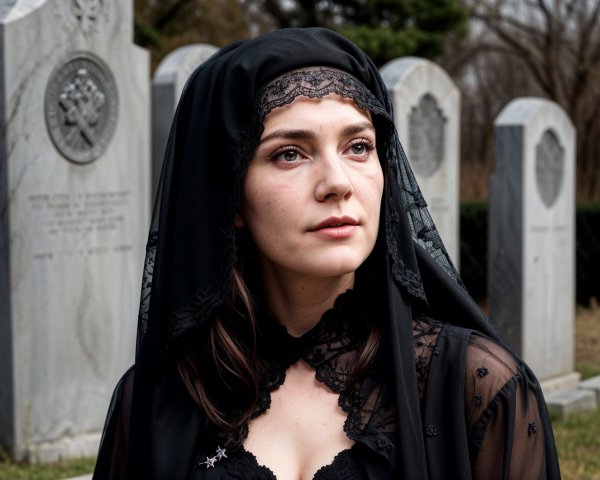 Solemn Woman in Graveyard with Black Veil and Lace Attire