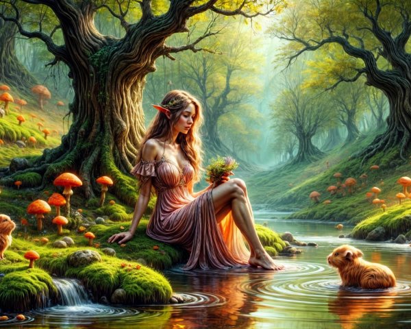 Elf by a Stream in a Magical Forest Setting