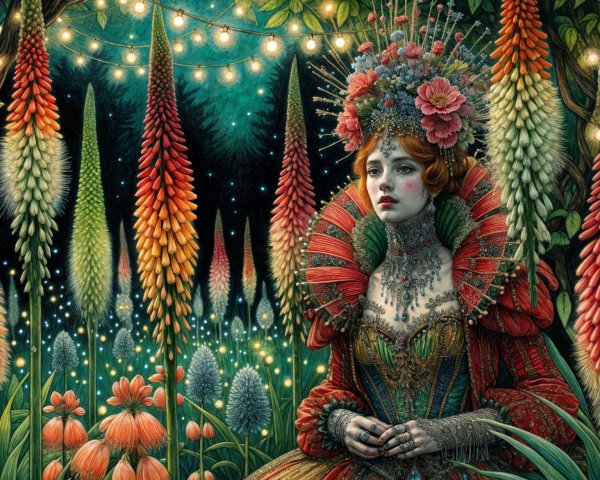 Regal Figure in Enchanted Garden with Vibrant Gown
