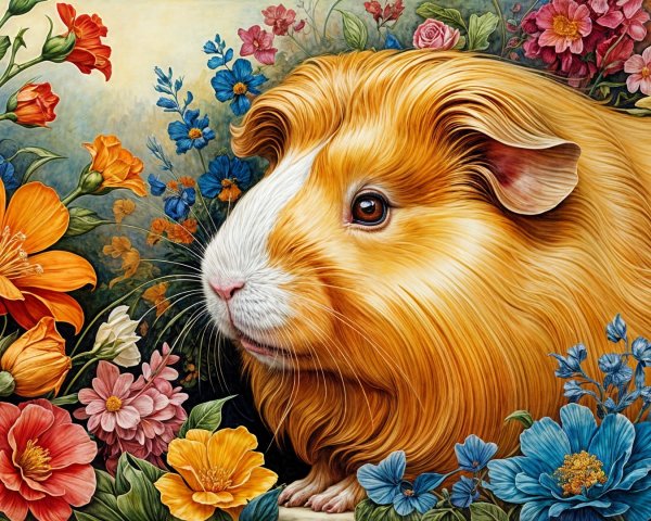 Guinea Pig Surrounded by Colorful Blooming Flowers