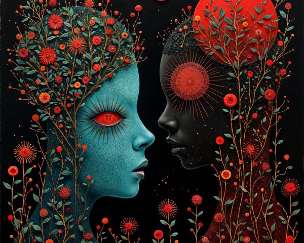 Human Figures with Floral Patterns and Circular Motifs