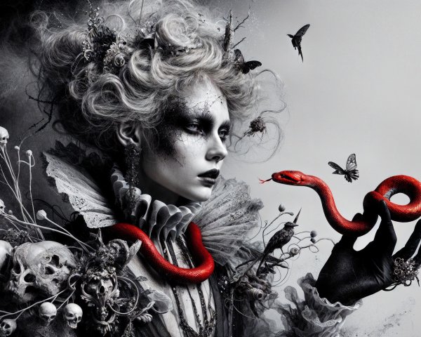 Haunting Figure with Ghostly Makeup and Dark Flowers