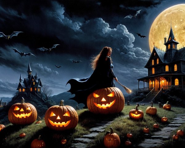 Haunting Halloween Landscape with Full Moon and Bats