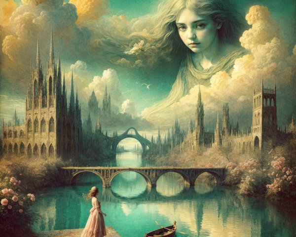 Whimsical Landscape with River and Ethereal Sky