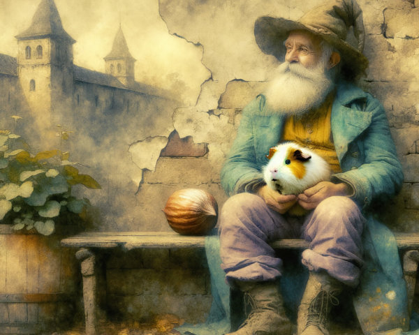 Elderly man with guinea pig in a village setting