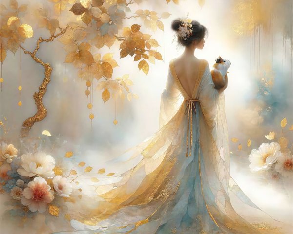 Elegant Woman in Gold Dress with Rabbit and Tree