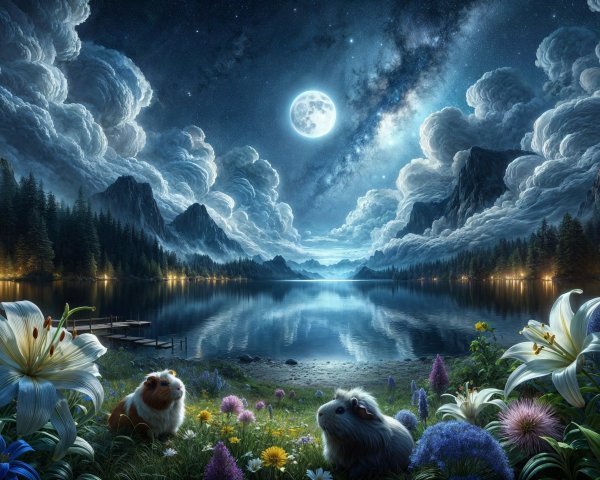 Nighttime Scene with Guinea Pigs in Colorful Meadow