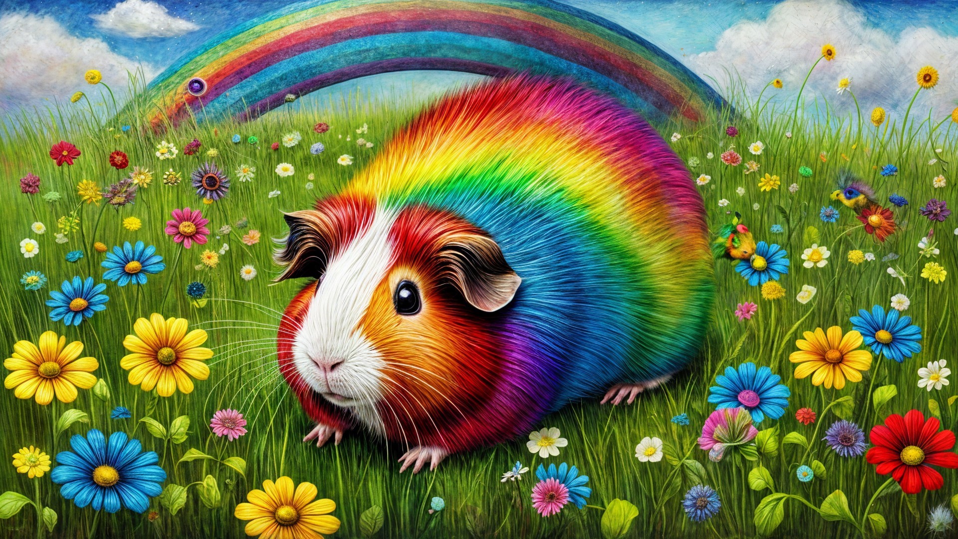 Colorful Guinea Pig in a Vibrant Meadow Scene