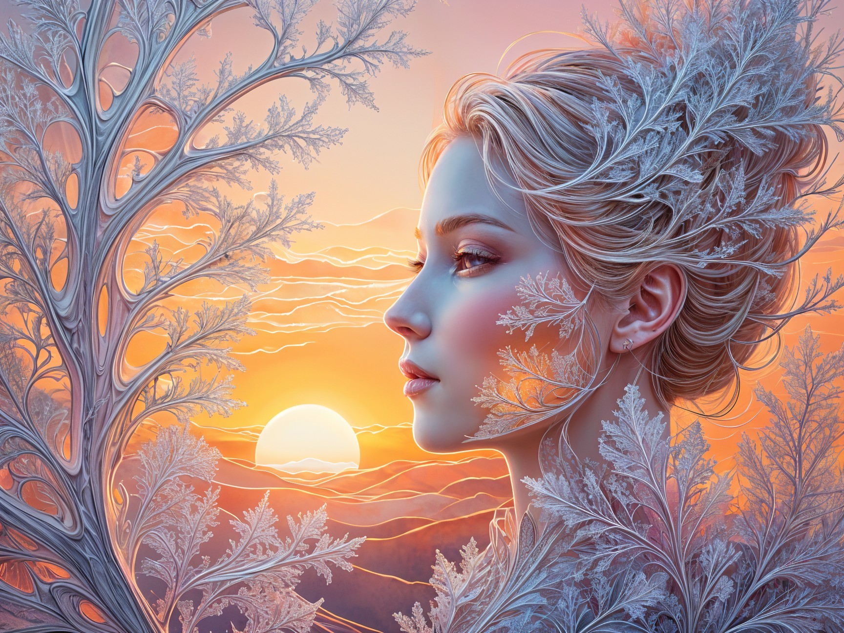 Serene Woman Profile with Frost Patterns and Sunset Glow