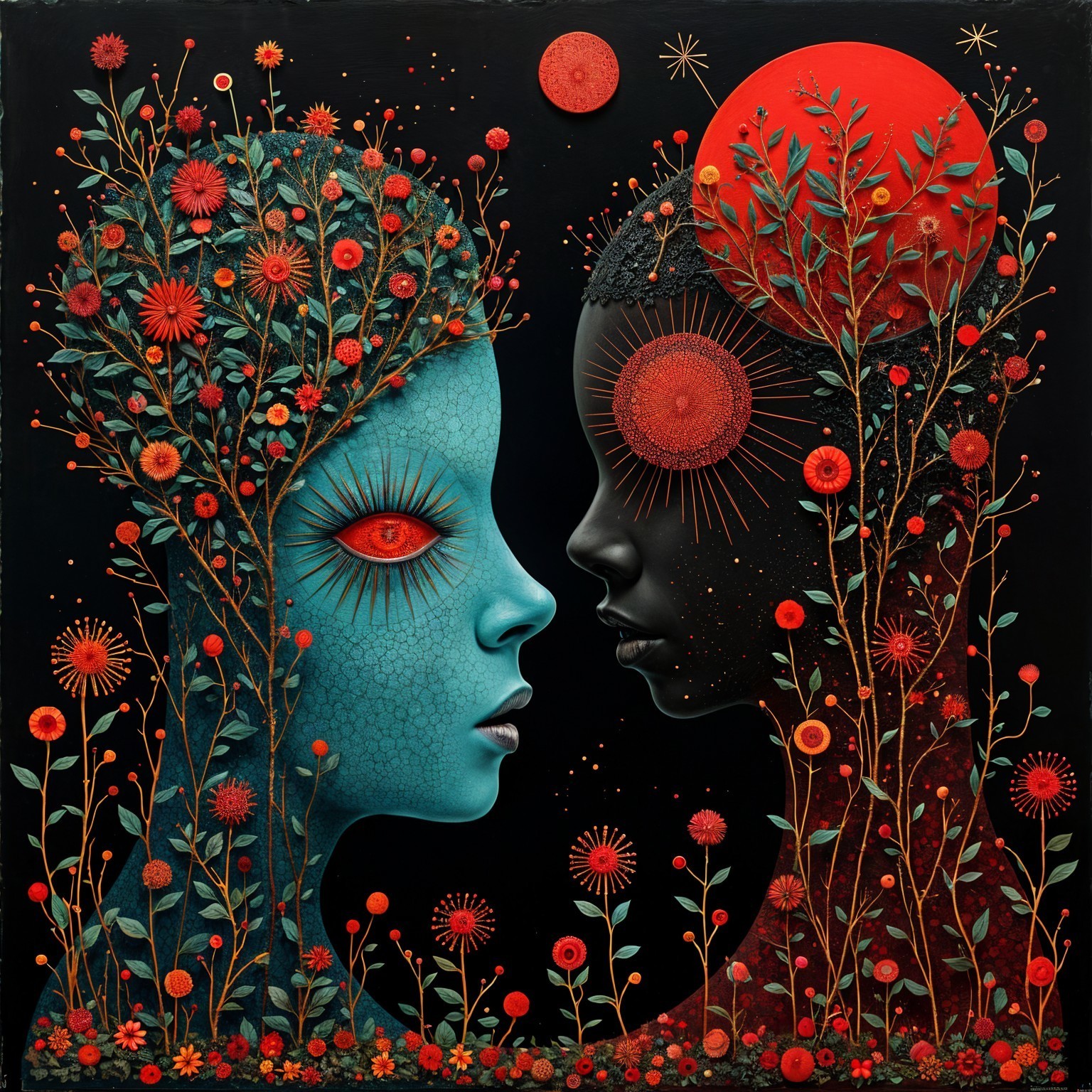 Human Figures with Floral Patterns and Circular Motifs