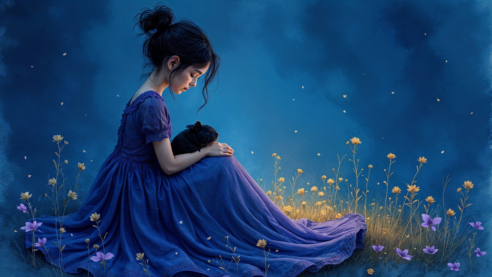 Girl in purple dress with small animal in meadow