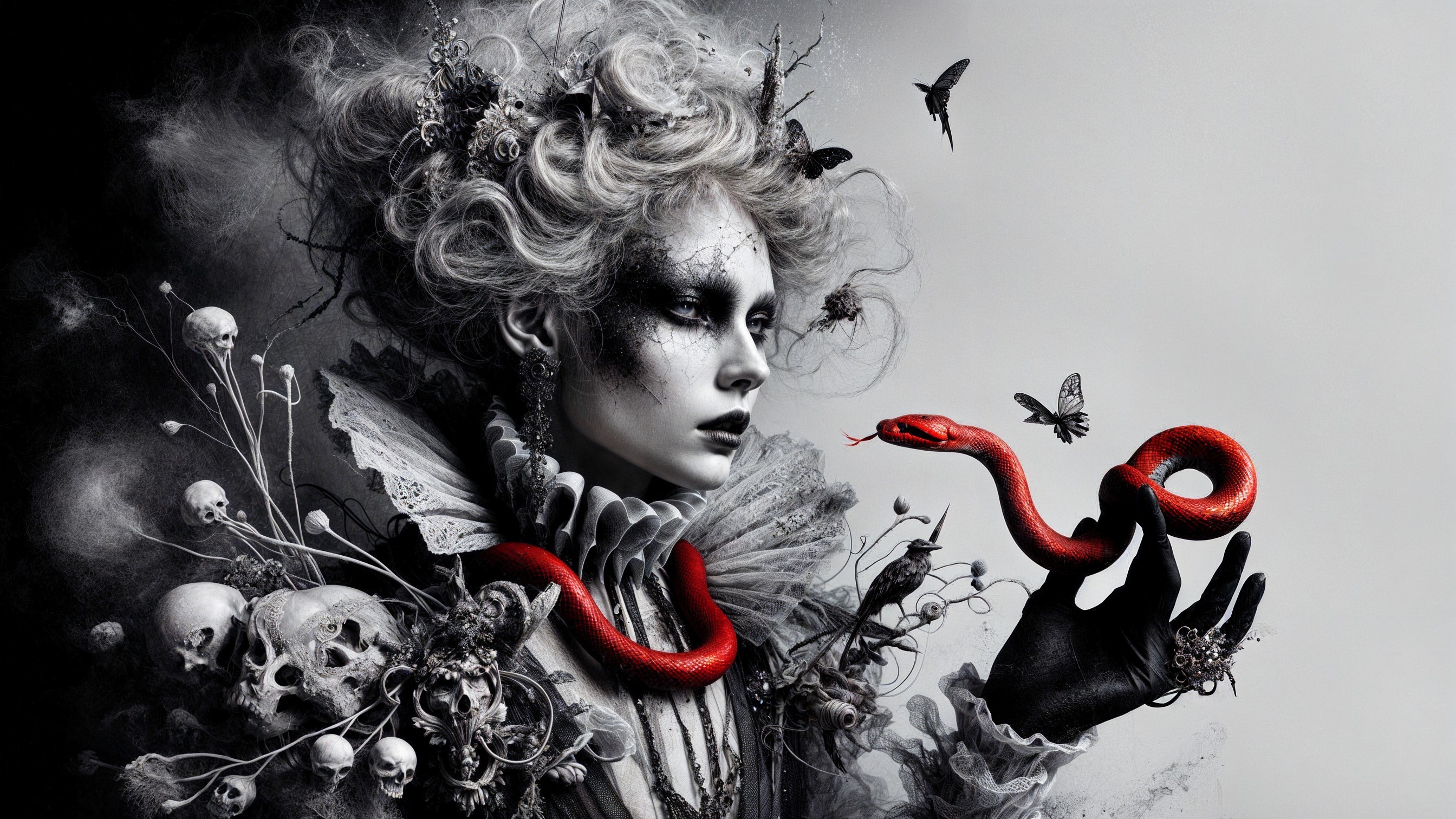 Haunting Figure with Ghostly Makeup and Dark Flowers