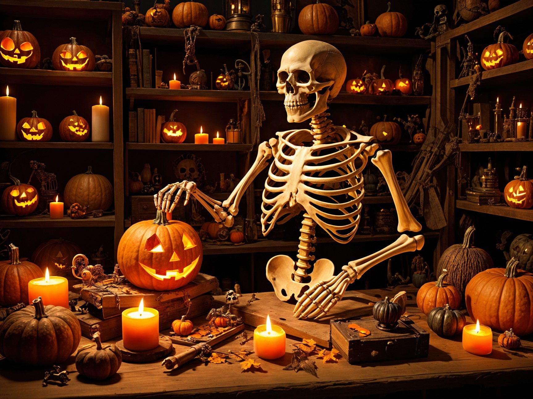 Cozy Halloween Scene with Skeleton and Pumpkins