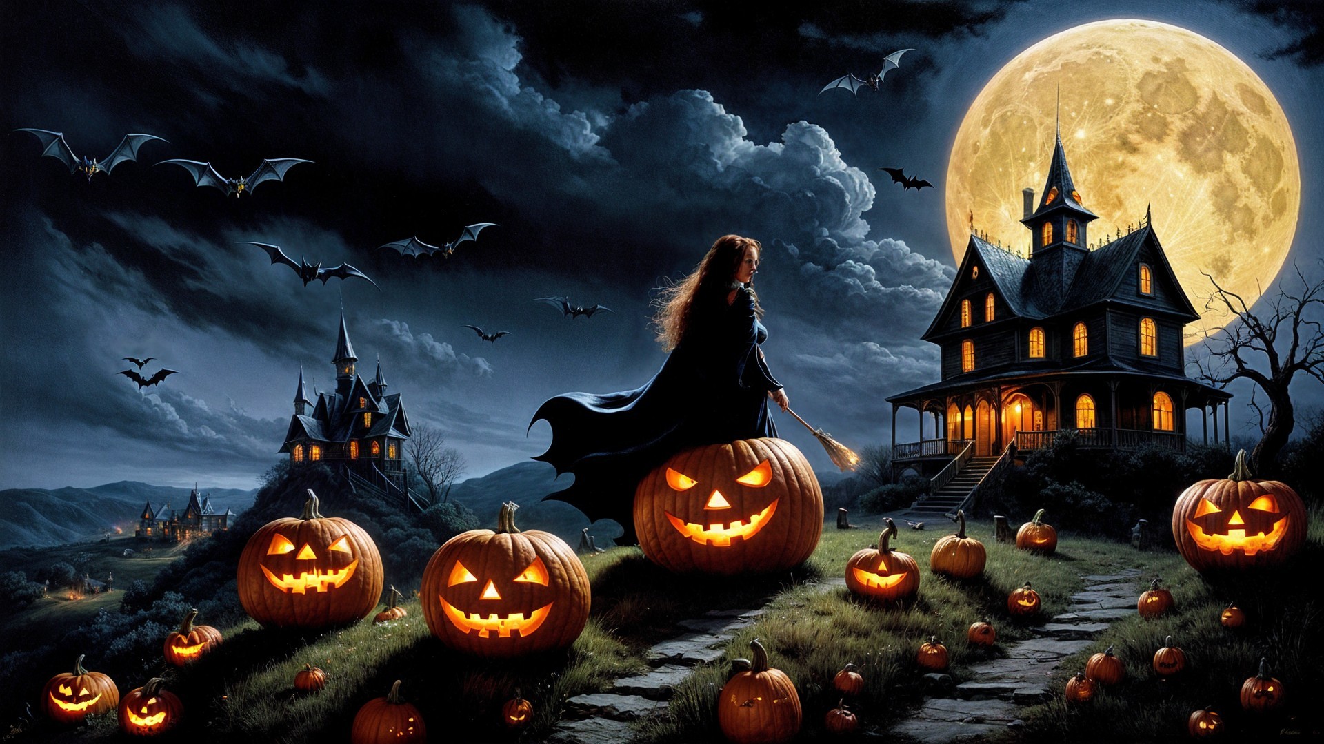 Haunting Halloween Landscape with Full Moon and Bats