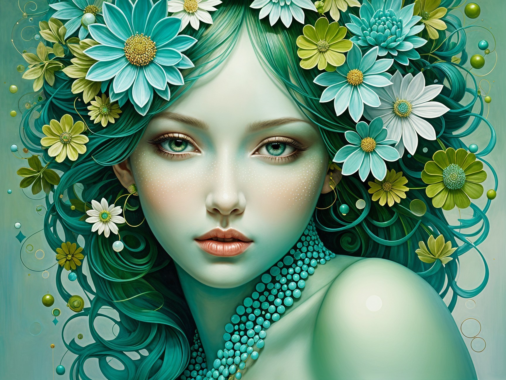 Fantastical portrait of a woman with turquoise hair