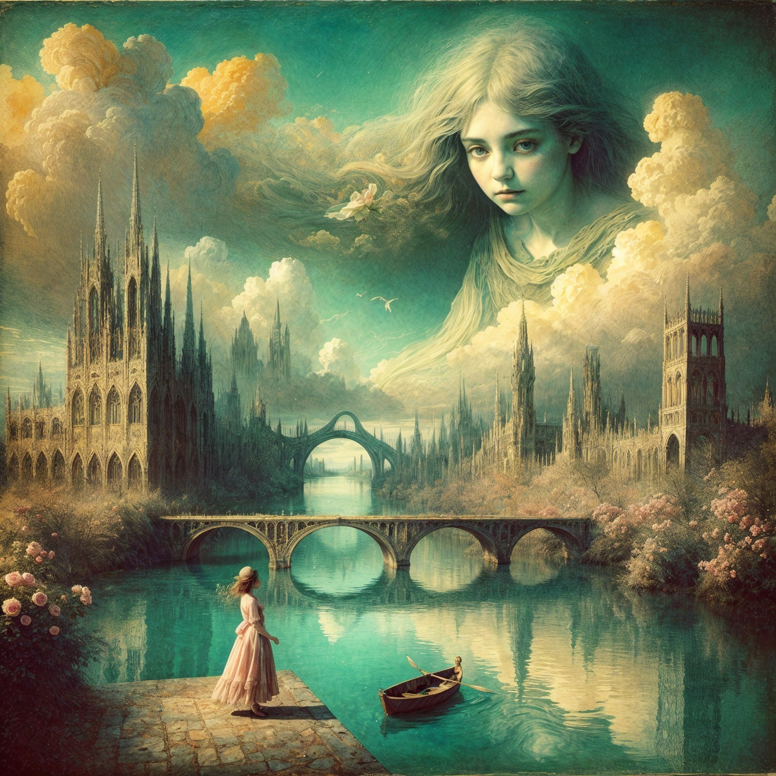 Whimsical Landscape with River and Ethereal Sky
