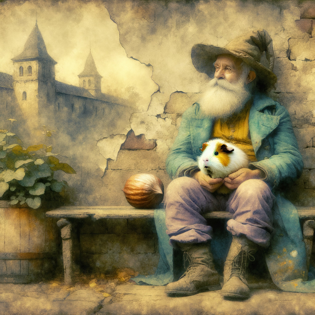Elderly man with guinea pig in a village setting