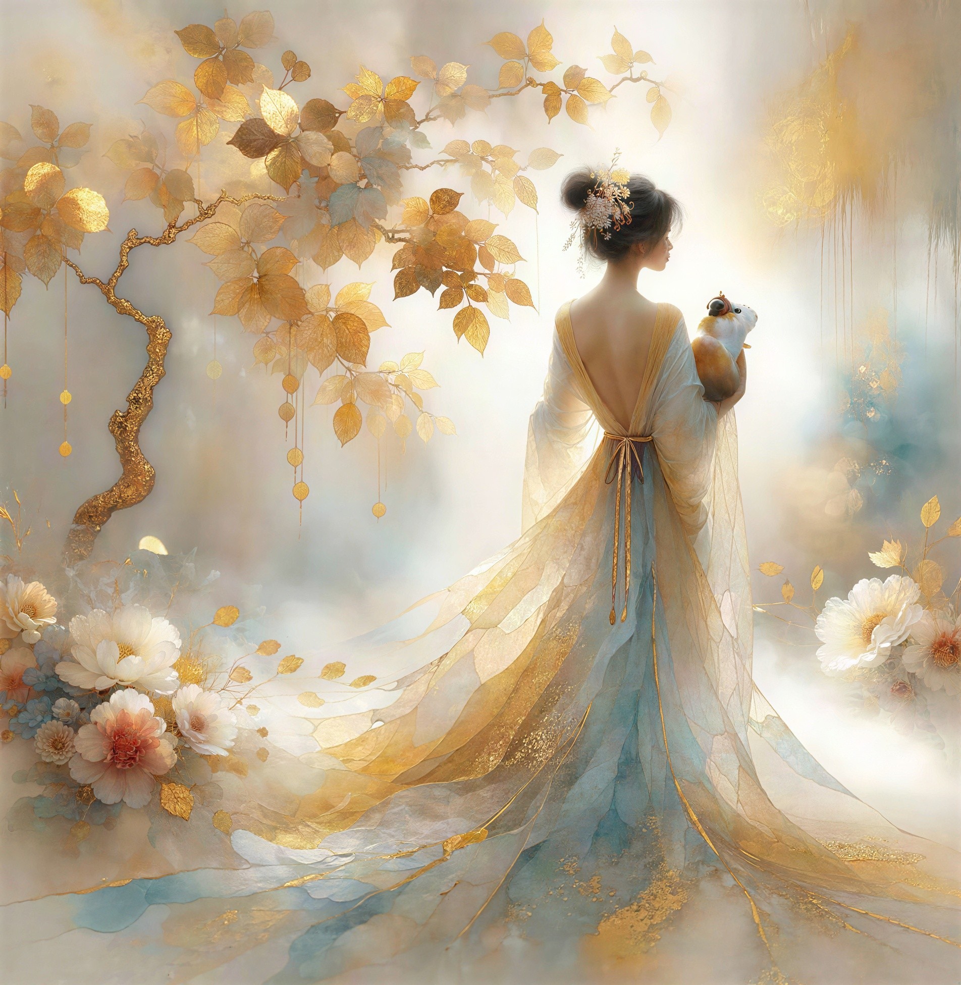 Elegant Woman in Gold Dress with Rabbit and Tree