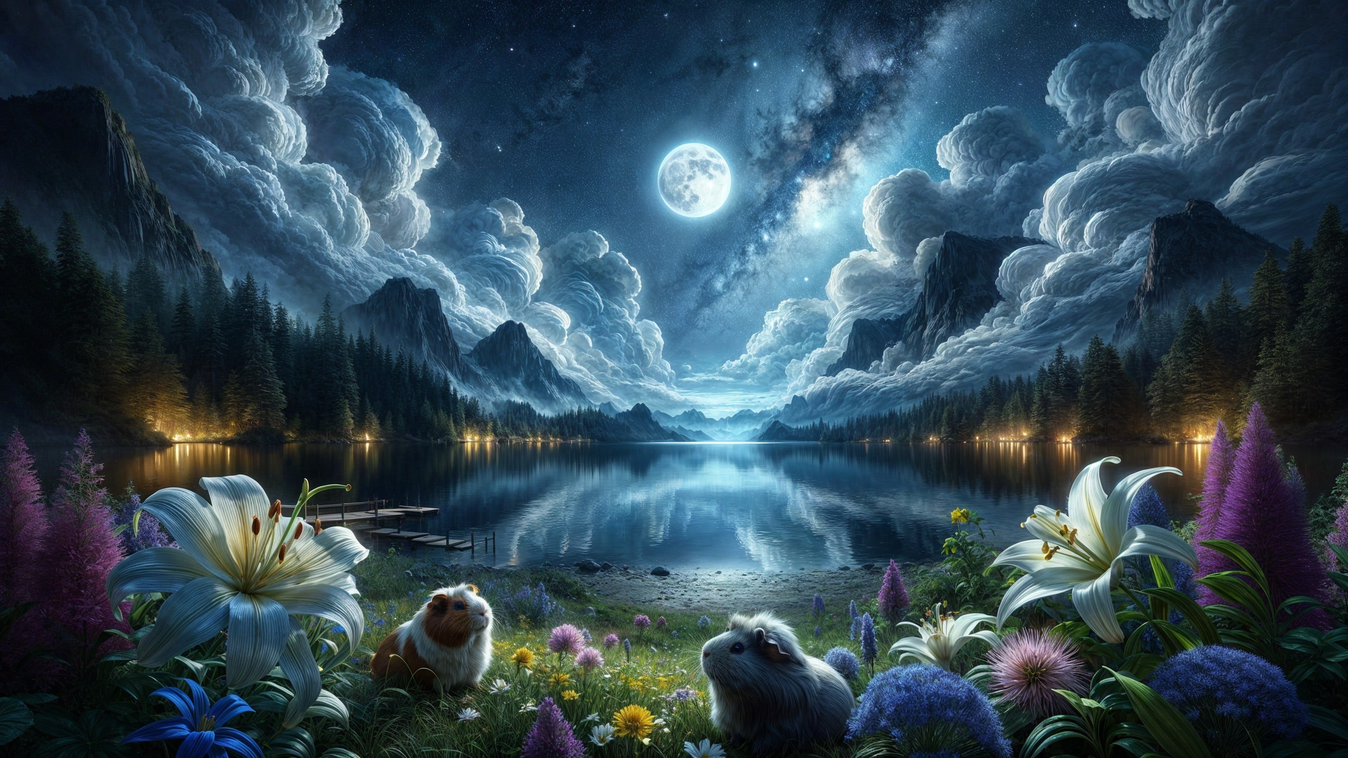 Nighttime Scene with Guinea Pigs in Colorful Meadow