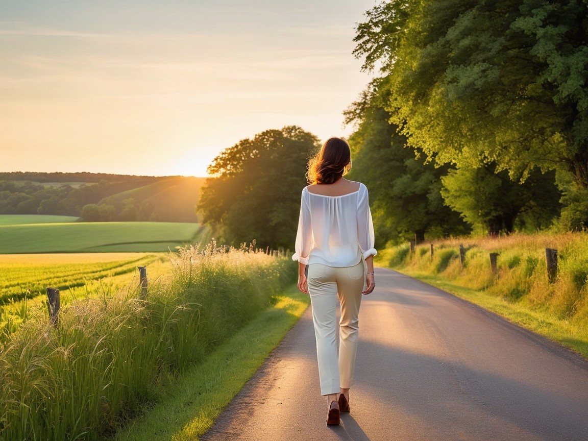 Woman Walking on Country Road at Sunset