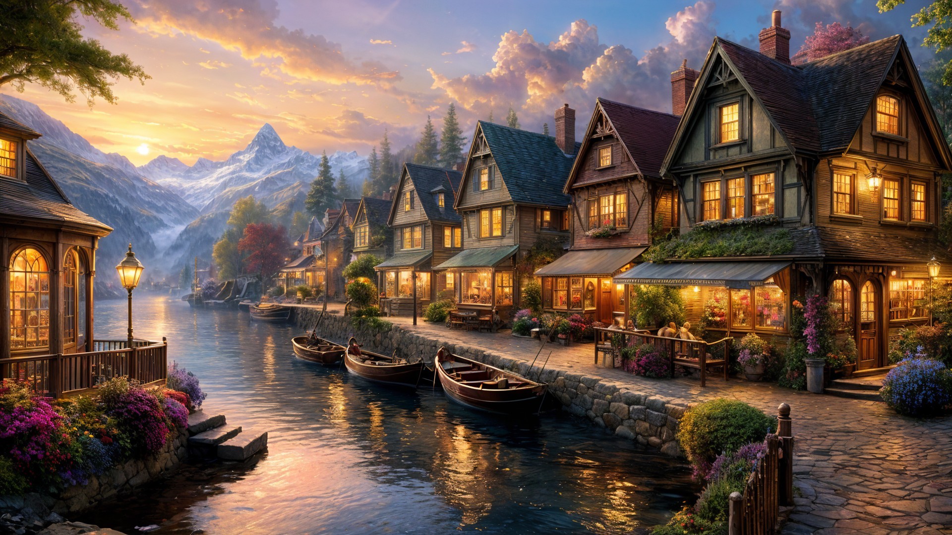 Lakeside Village at Sunset with Colorful Houses and Boats