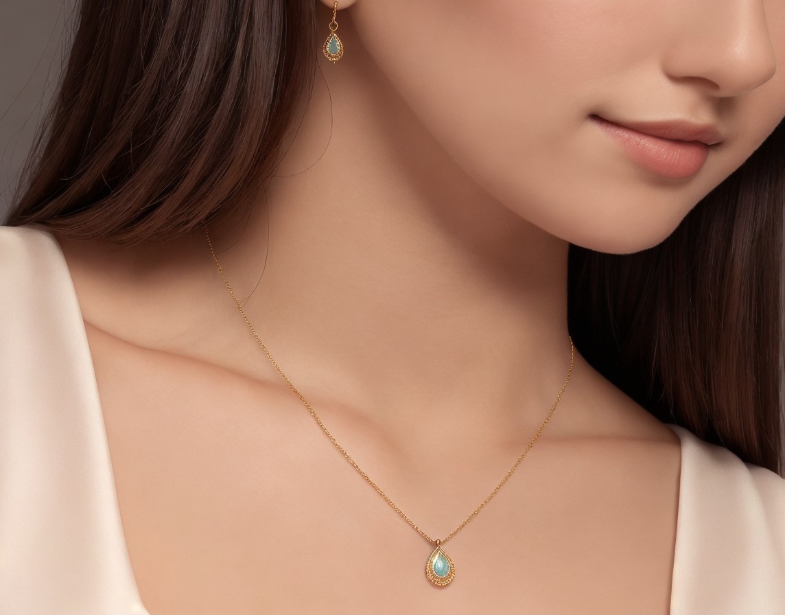 Woman wearing teardrop pendant and matching earrings