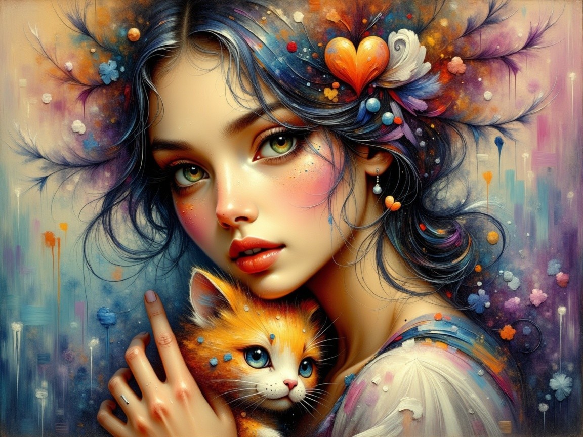 Vibrant portrait of a woman with colorful hair and kitten